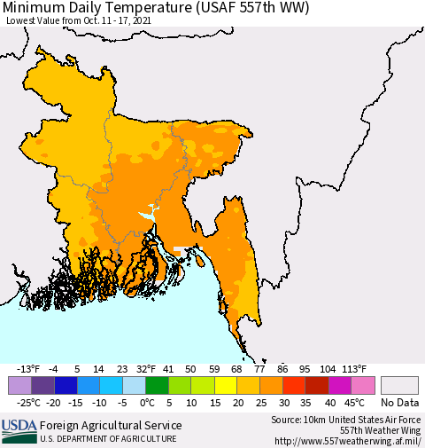 Bangladesh Minimum Daily Temperature (USAF 557th WW) Thematic Map For 10/11/2021 - 10/17/2021
