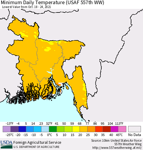 Bangladesh Minimum Daily Temperature (USAF 557th WW) Thematic Map For 10/18/2021 - 10/24/2021