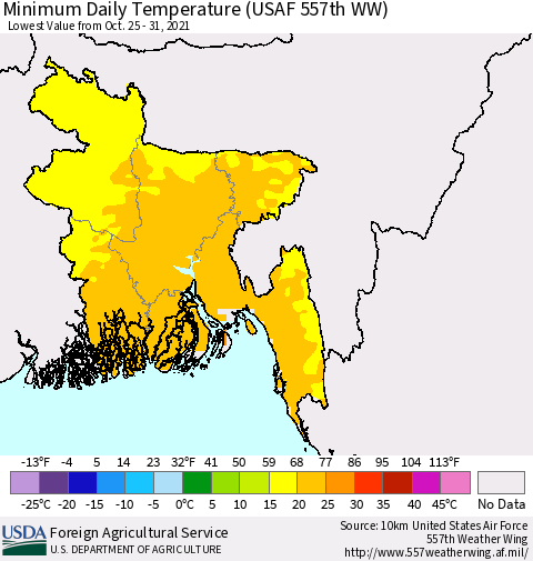 Bangladesh Minimum Daily Temperature (USAF 557th WW) Thematic Map For 10/25/2021 - 10/31/2021