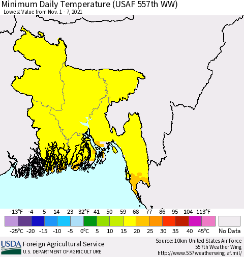 Bangladesh Minimum Daily Temperature (USAF 557th WW) Thematic Map For 11/1/2021 - 11/7/2021