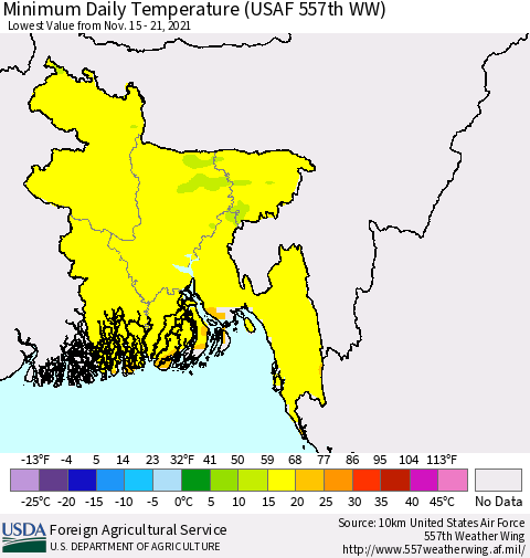 Bangladesh Minimum Daily Temperature (USAF 557th WW) Thematic Map For 11/15/2021 - 11/21/2021