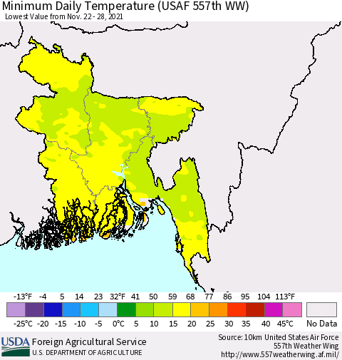 Bangladesh Minimum Daily Temperature (USAF 557th WW) Thematic Map For 11/22/2021 - 11/28/2021