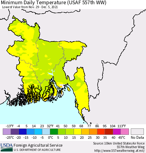 Bangladesh Minimum Daily Temperature (USAF 557th WW) Thematic Map For 11/29/2021 - 12/5/2021