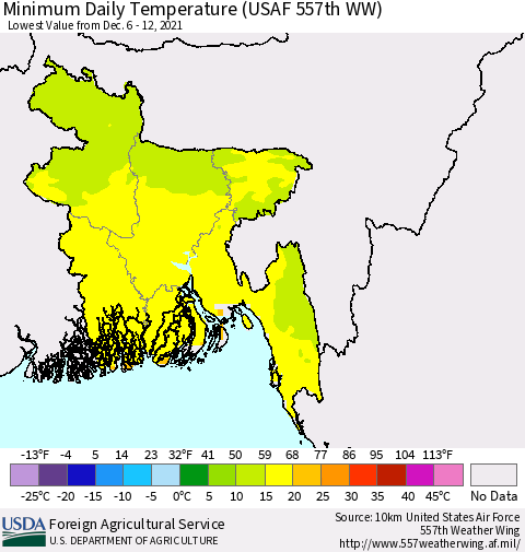 Bangladesh Minimum Daily Temperature (USAF 557th WW) Thematic Map For 12/6/2021 - 12/12/2021