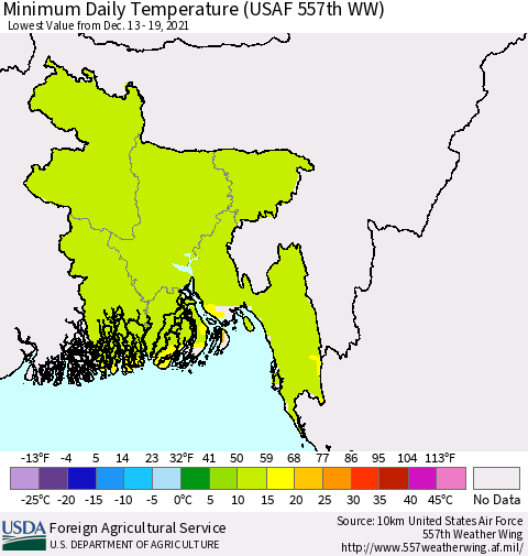 Bangladesh Minimum Daily Temperature (USAF 557th WW) Thematic Map For 12/13/2021 - 12/19/2021