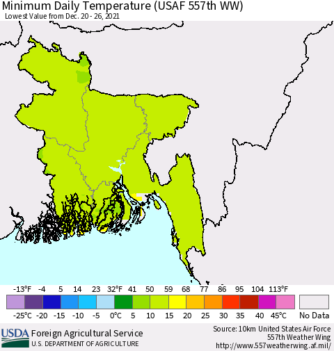 Bangladesh Minimum Daily Temperature (USAF 557th WW) Thematic Map For 12/20/2021 - 12/26/2021
