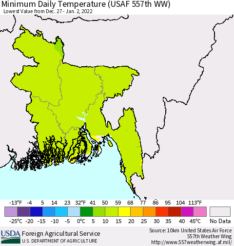 Bangladesh Minimum Daily Temperature (USAF 557th WW) Thematic Map For 12/27/2021 - 1/2/2022