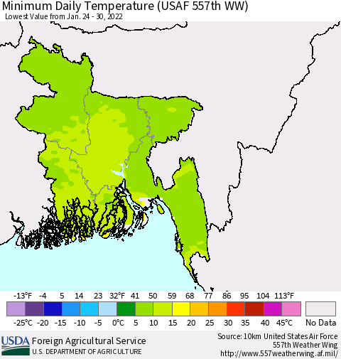 Bangladesh Minimum Daily Temperature (USAF 557th WW) Thematic Map For 1/24/2022 - 1/30/2022