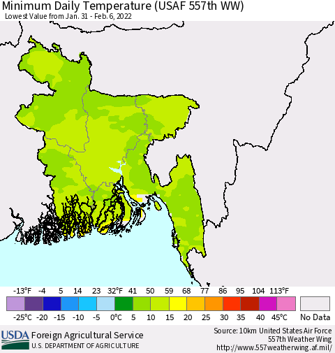 Bangladesh Minimum Daily Temperature (USAF 557th WW) Thematic Map For 1/31/2022 - 2/6/2022