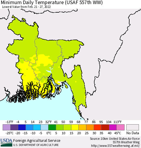 Bangladesh Minimum Daily Temperature (USAF 557th WW) Thematic Map For 2/21/2022 - 2/27/2022