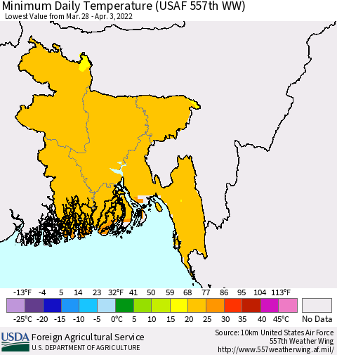 Bangladesh Minimum Daily Temperature (USAF 557th WW) Thematic Map For 3/28/2022 - 4/3/2022