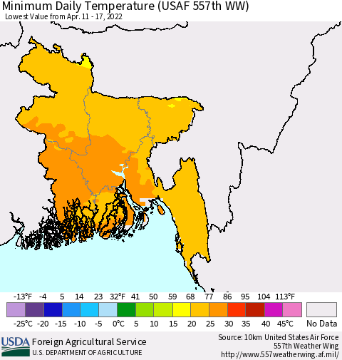 Bangladesh Minimum Daily Temperature (USAF 557th WW) Thematic Map For 4/11/2022 - 4/17/2022