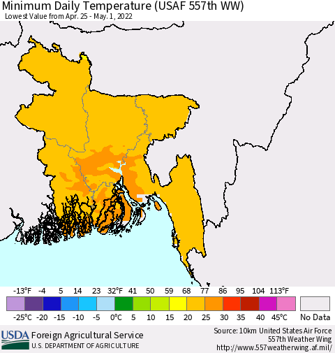 Bangladesh Minimum Daily Temperature (USAF 557th WW) Thematic Map For 4/25/2022 - 5/1/2022