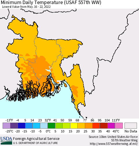 Bangladesh Minimum Daily Temperature (USAF 557th WW) Thematic Map For 5/16/2022 - 5/22/2022