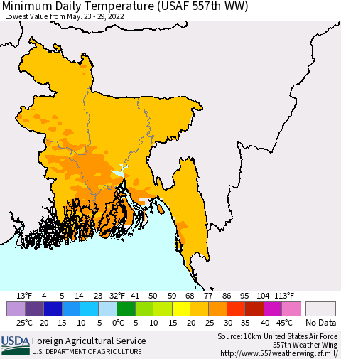 Bangladesh Minimum Daily Temperature (USAF 557th WW) Thematic Map For 5/23/2022 - 5/29/2022