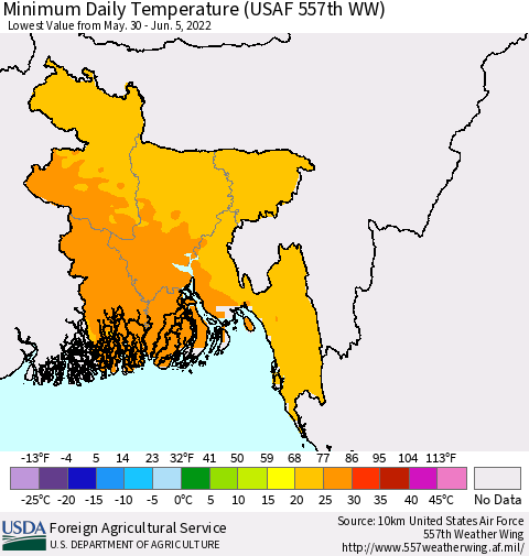 Bangladesh Minimum Daily Temperature (USAF 557th WW) Thematic Map For 5/30/2022 - 6/5/2022