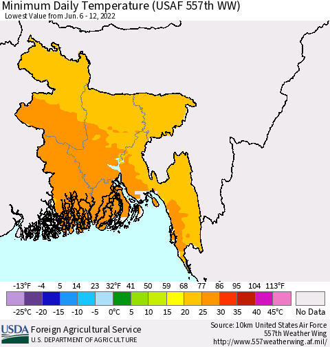 Bangladesh Minimum Daily Temperature (USAF 557th WW) Thematic Map For 6/6/2022 - 6/12/2022