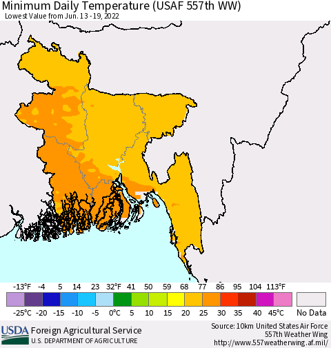 Bangladesh Minimum Daily Temperature (USAF 557th WW) Thematic Map For 6/13/2022 - 6/19/2022