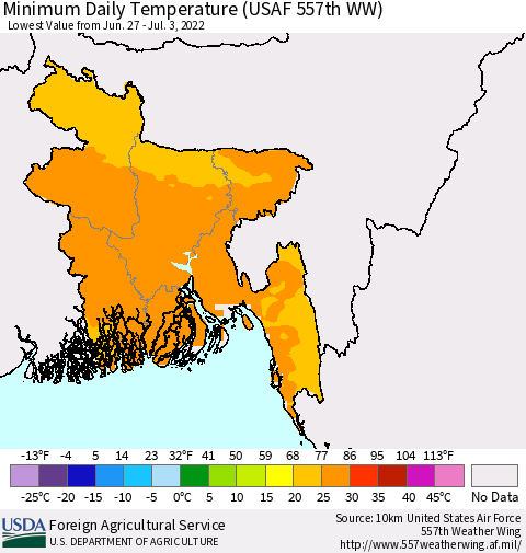 Bangladesh Minimum Daily Temperature (USAF 557th WW) Thematic Map For 6/27/2022 - 7/3/2022