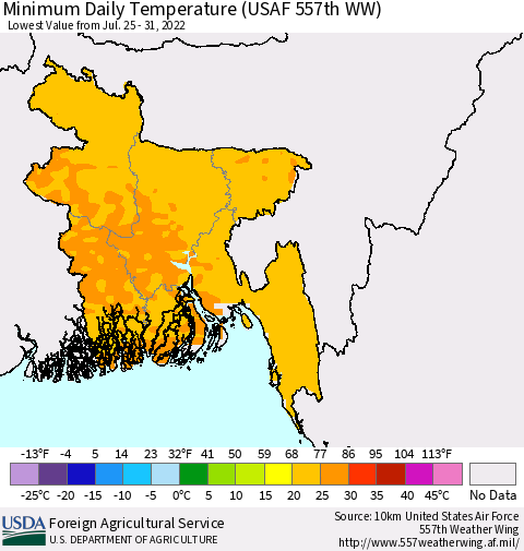 Bangladesh Minimum Daily Temperature (USAF 557th WW) Thematic Map For 7/25/2022 - 7/31/2022