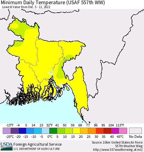 Bangladesh Minimum Daily Temperature (USAF 557th WW) Thematic Map For 12/5/2022 - 12/11/2022