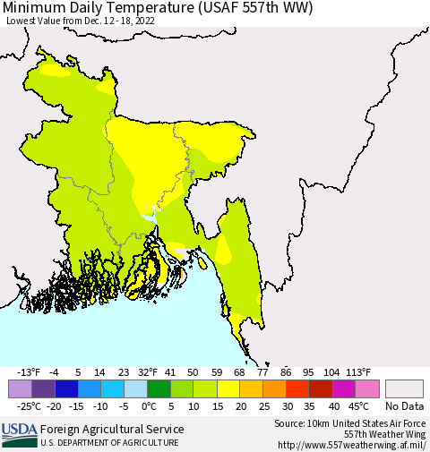 Bangladesh Minimum Daily Temperature (USAF 557th WW) Thematic Map For 12/12/2022 - 12/18/2022
