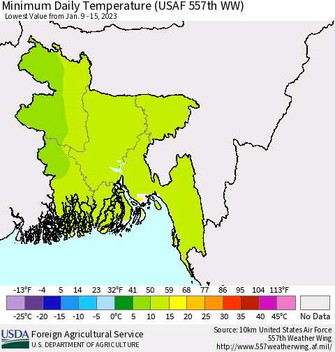 Bangladesh Minimum Daily Temperature (USAF 557th WW) Thematic Map For 1/9/2023 - 1/15/2023