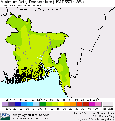 Bangladesh Minimum Daily Temperature (USAF 557th WW) Thematic Map For 1/16/2023 - 1/22/2023