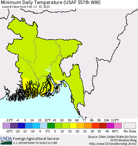 Bangladesh Minimum Daily Temperature (USAF 557th WW) Thematic Map For 2/13/2023 - 2/19/2023