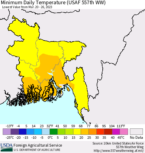 Bangladesh Minimum Daily Temperature (USAF 557th WW) Thematic Map For 3/20/2023 - 3/26/2023