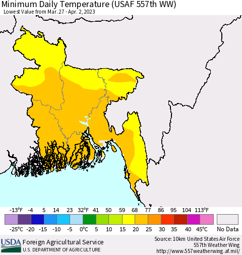 Bangladesh Minimum Daily Temperature (USAF 557th WW) Thematic Map For 3/27/2023 - 4/2/2023