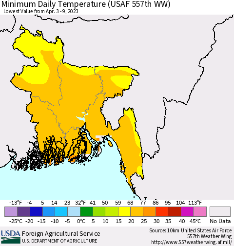 Bangladesh Minimum Daily Temperature (USAF 557th WW) Thematic Map For 4/3/2023 - 4/9/2023