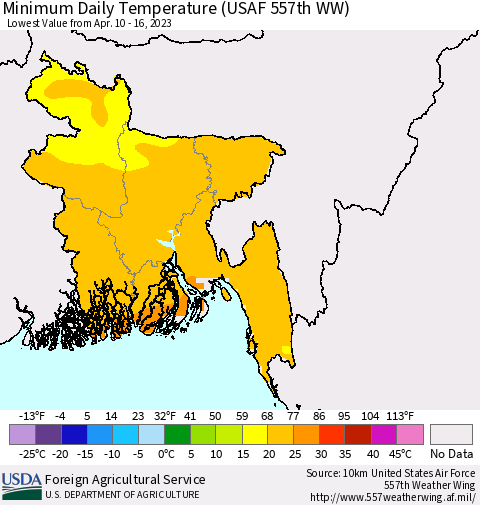 Bangladesh Minimum Daily Temperature (USAF 557th WW) Thematic Map For 4/10/2023 - 4/16/2023