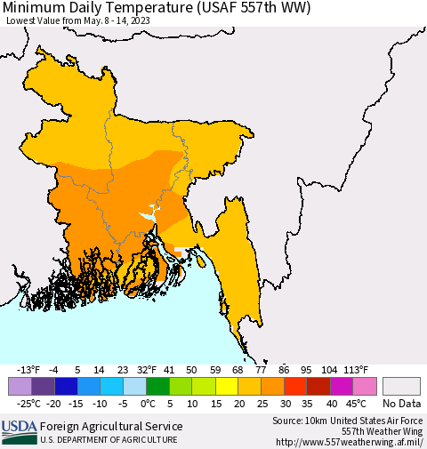 Bangladesh Minimum Daily Temperature (USAF 557th WW) Thematic Map For 5/8/2023 - 5/14/2023