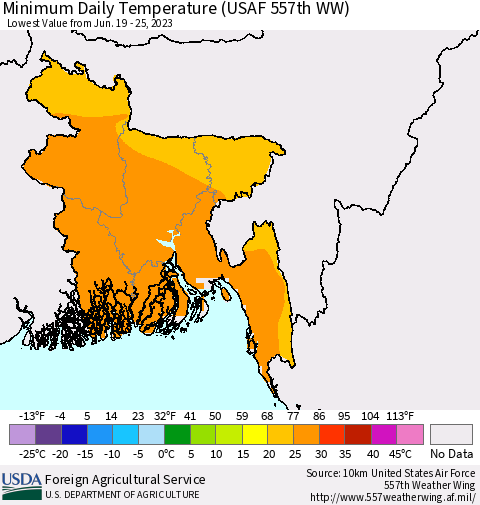 Bangladesh Minimum Daily Temperature (USAF 557th WW) Thematic Map For 6/19/2023 - 6/25/2023