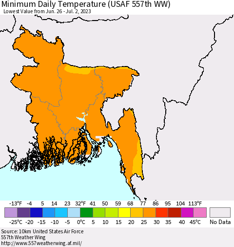 Bangladesh Minimum Daily Temperature (USAF 557th WW) Thematic Map For 6/26/2023 - 7/2/2023