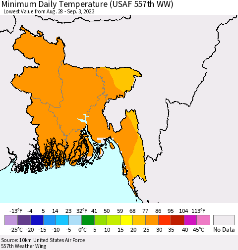 Bangladesh Minimum Daily Temperature (USAF 557th WW) Thematic Map For 8/28/2023 - 9/3/2023