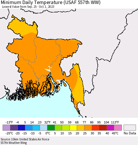 Bangladesh Minimum Daily Temperature (USAF 557th WW) Thematic Map For 9/25/2023 - 10/1/2023