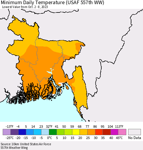 Bangladesh Minimum Daily Temperature (USAF 557th WW) Thematic Map For 10/2/2023 - 10/8/2023