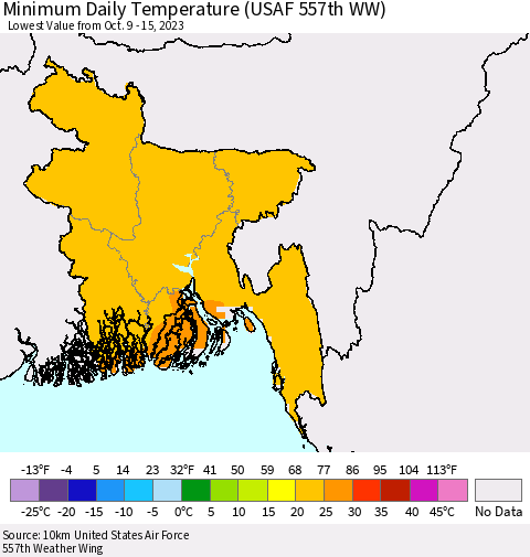 Bangladesh Minimum Daily Temperature (USAF 557th WW) Thematic Map For 10/9/2023 - 10/15/2023