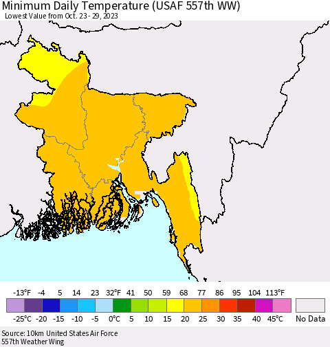 Bangladesh Minimum Daily Temperature (USAF 557th WW) Thematic Map For 10/23/2023 - 10/29/2023