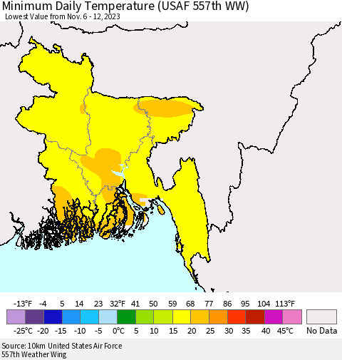 Bangladesh Minimum Daily Temperature (USAF 557th WW) Thematic Map For 11/6/2023 - 11/12/2023