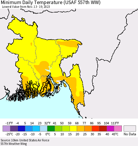 Bangladesh Minimum Daily Temperature (USAF 557th WW) Thematic Map For 11/13/2023 - 11/19/2023