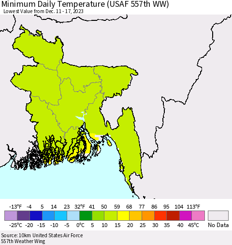 Bangladesh Minimum Daily Temperature (USAF 557th WW) Thematic Map For 12/11/2023 - 12/17/2023
