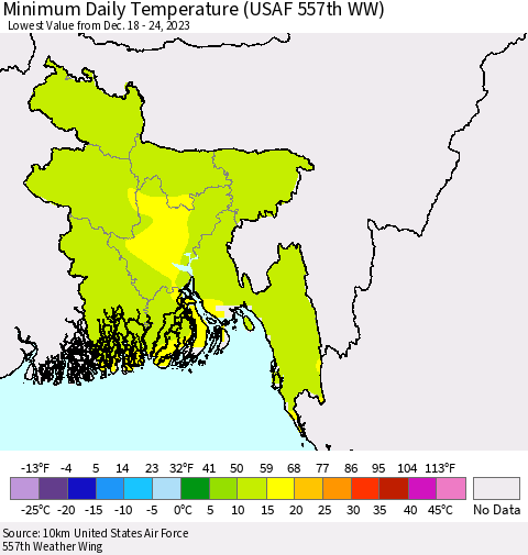 Bangladesh Minimum Daily Temperature (USAF 557th WW) Thematic Map For 12/18/2023 - 12/24/2023