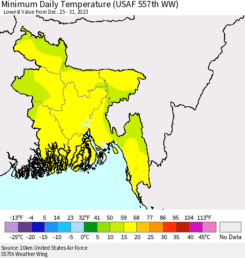 Bangladesh Minimum Daily Temperature (USAF 557th WW) Thematic Map For 12/25/2023 - 12/31/2023