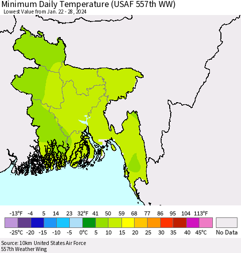 Bangladesh Minimum Daily Temperature (USAF 557th WW) Thematic Map For 1/22/2024 - 1/28/2024