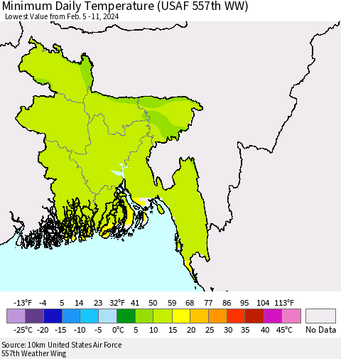 Bangladesh Minimum Daily Temperature (USAF 557th WW) Thematic Map For 2/5/2024 - 2/11/2024