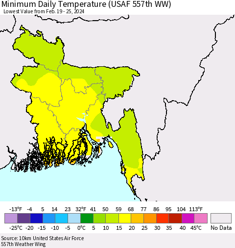 Bangladesh Minimum Daily Temperature (USAF 557th WW) Thematic Map For 2/19/2024 - 2/25/2024
