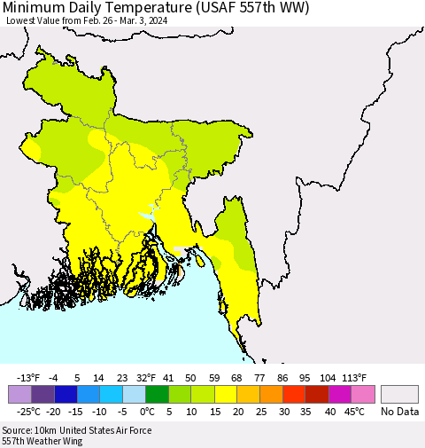 Bangladesh Minimum Daily Temperature (USAF 557th WW) Thematic Map For 2/26/2024 - 3/3/2024